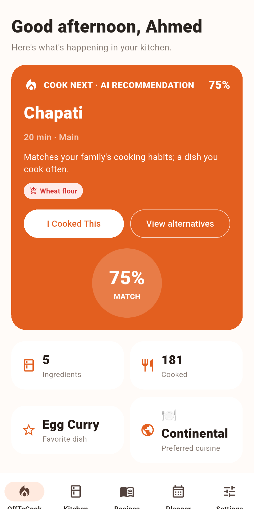 OffToCook dashboard screen
