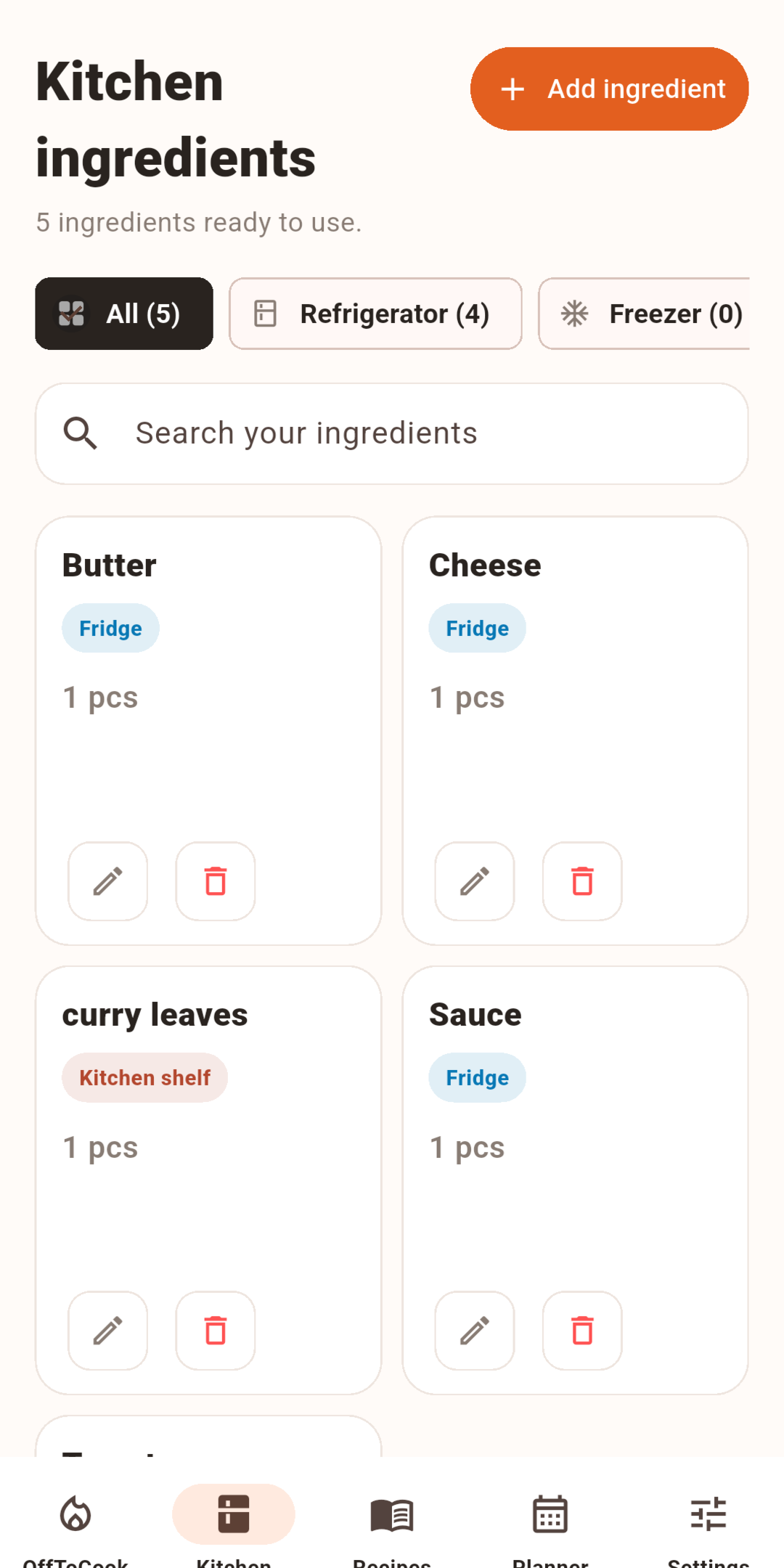OffToCook ingredients screen