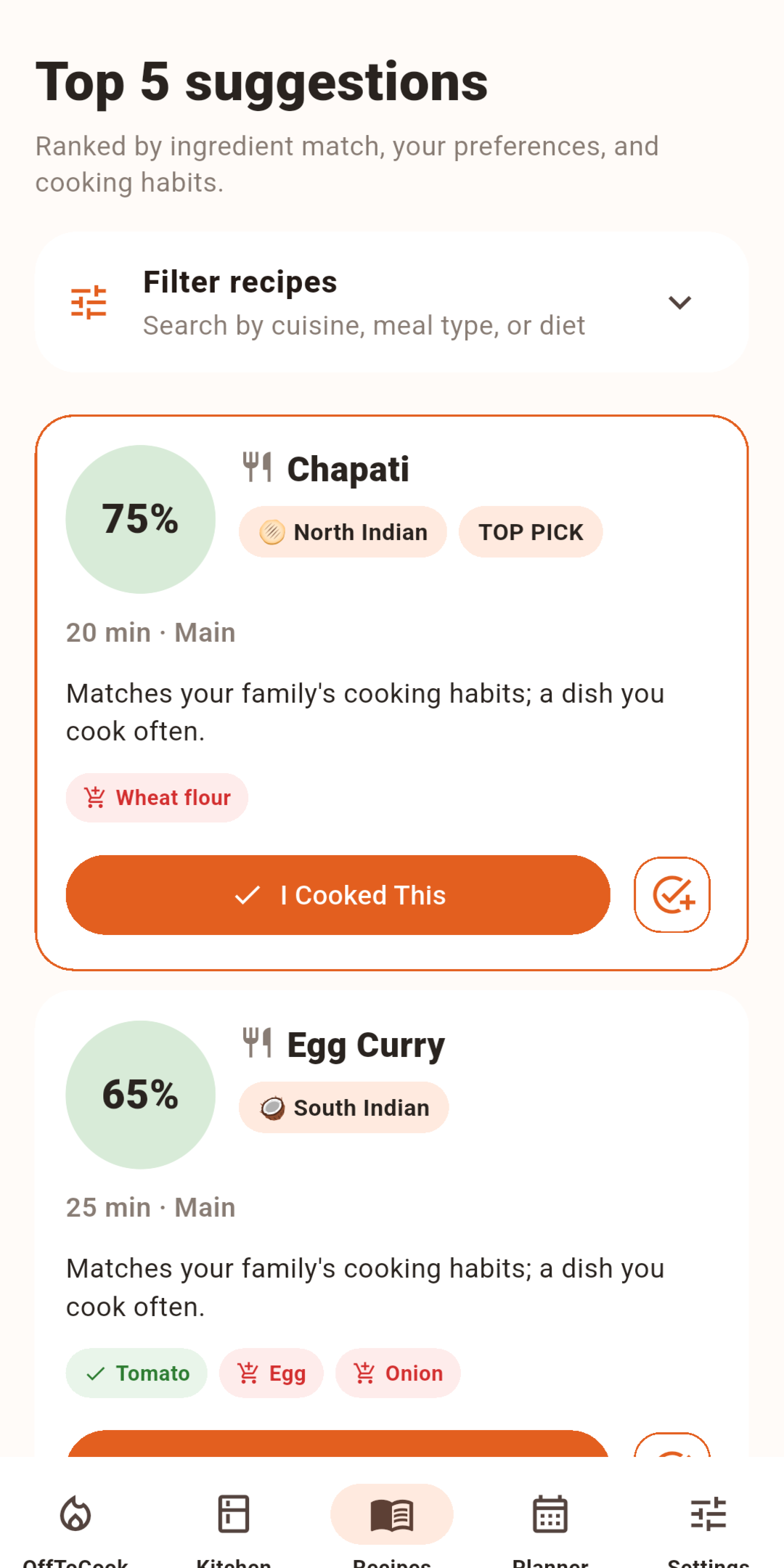 OffToCook recommendations screen