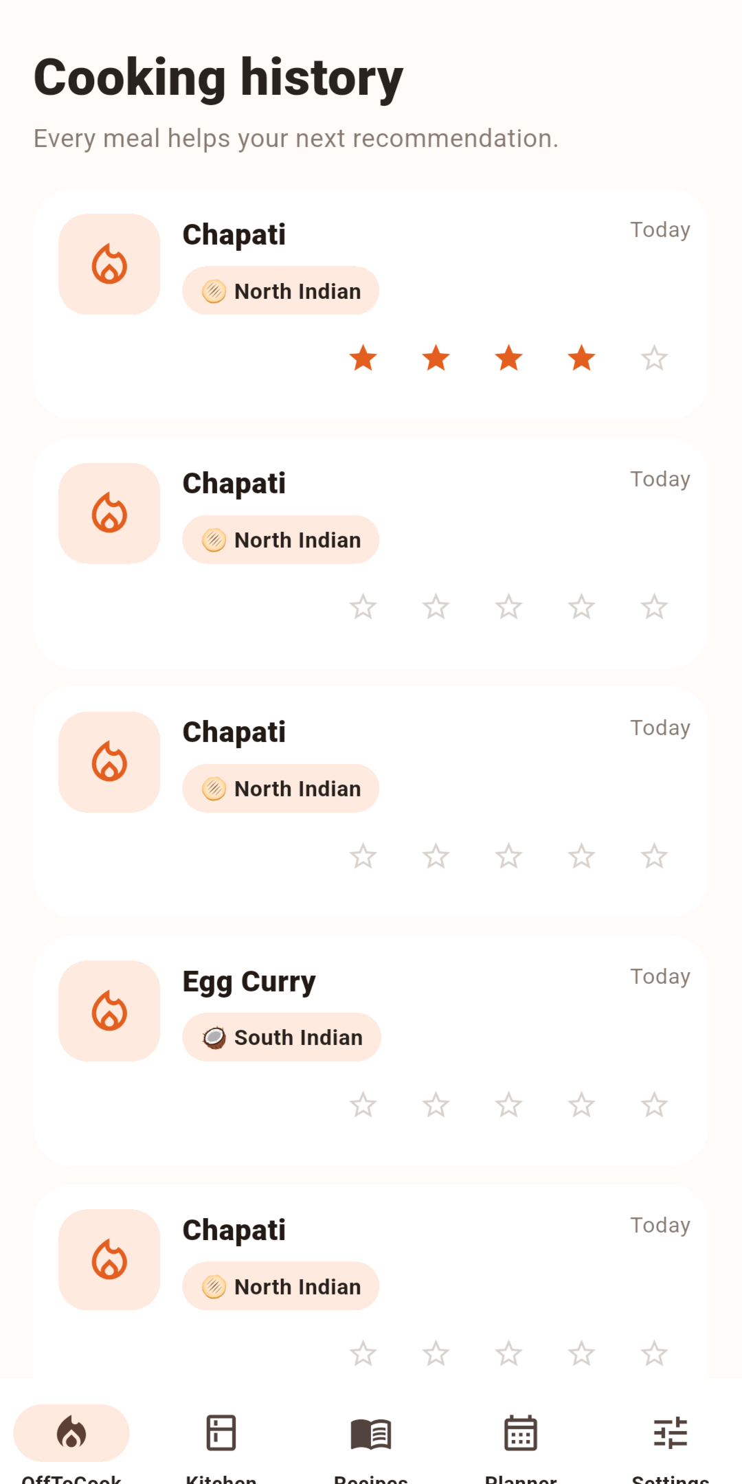OffToCook history screen